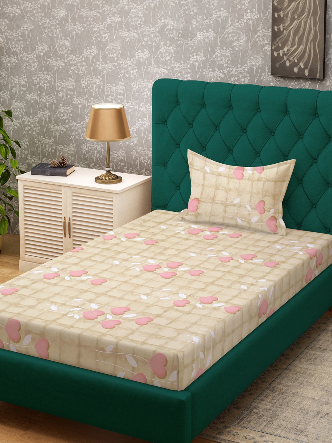 

KLOTTHE Beige & Pink Pure Cotton 400 TC Fitted Single Bedsheet With Pillow Cover