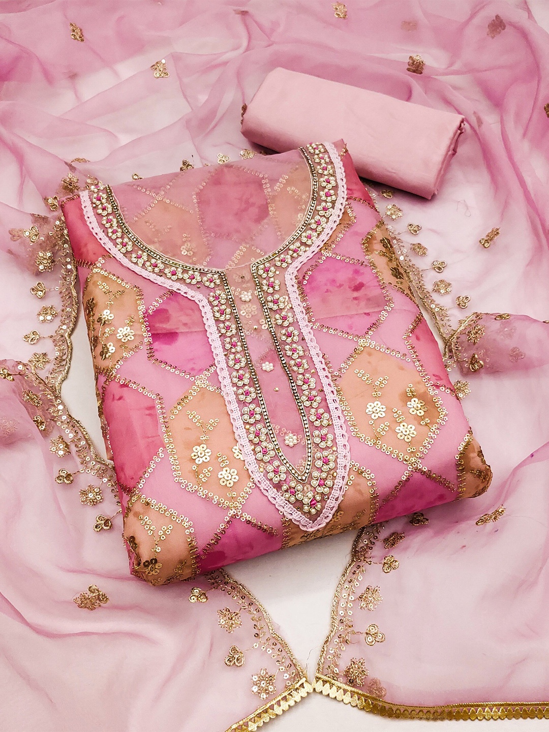 

KIMISHA Embellished Organza Unstitched Dress Material, Pink