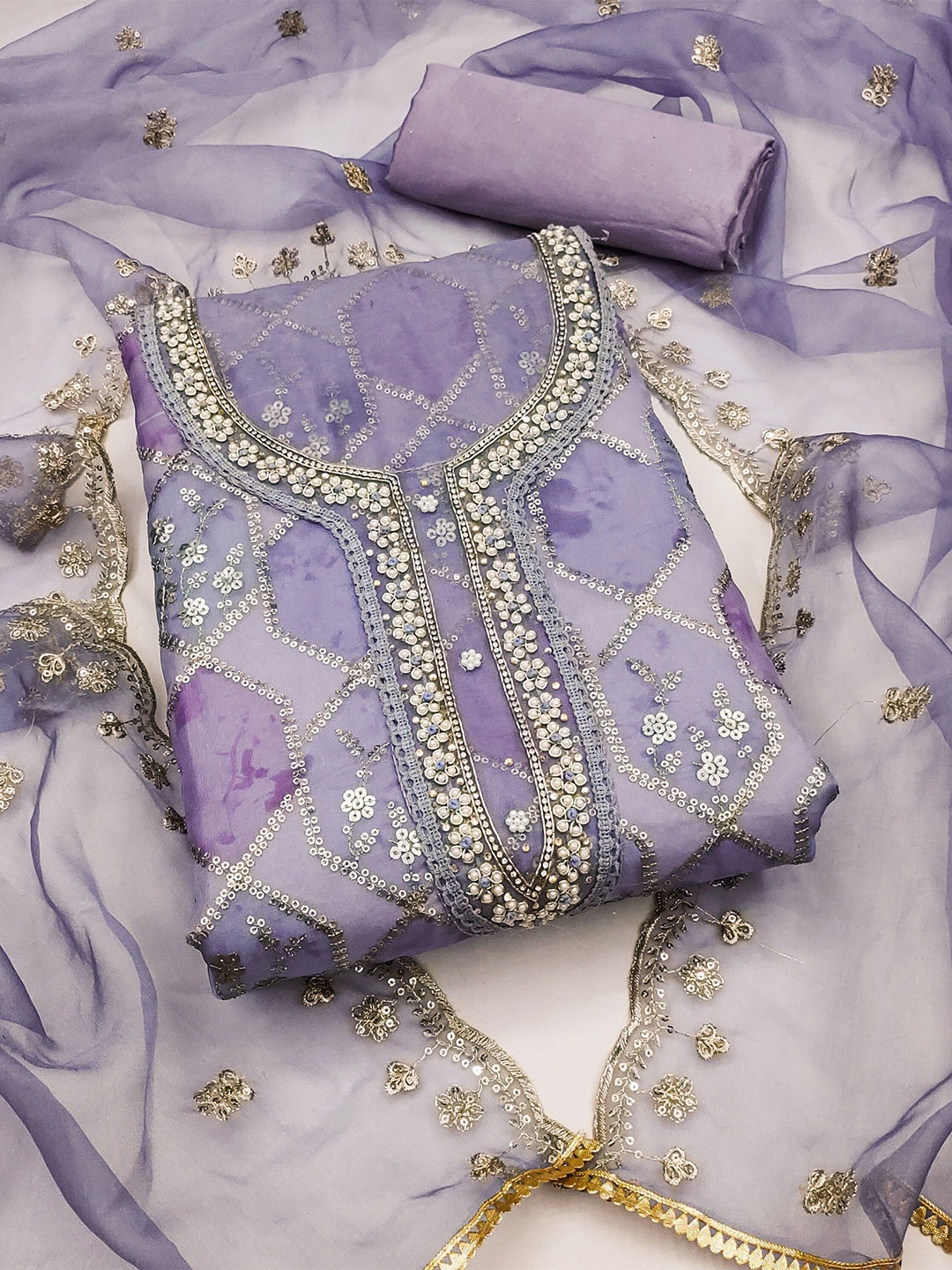 

KIMISHA Embellished Organza Unstitched Dress Material, Purple