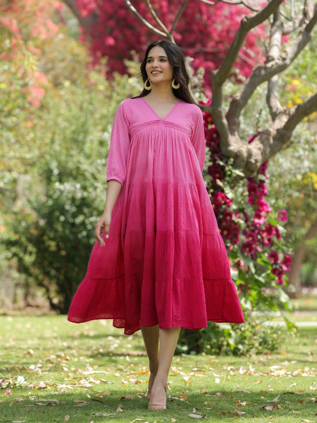 

SAVI Ombre Printed Cuffed Sleeves Gathered Tiered Dobby Pure Cotton A-Line Midi Dress, Pink