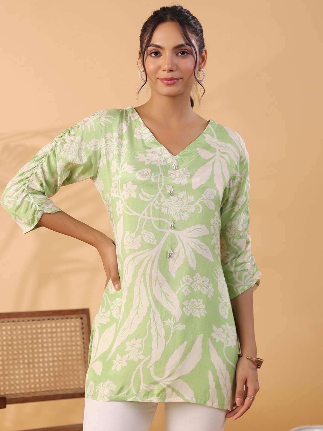 

JISORA Tropical Print Pure Silk Top, Green