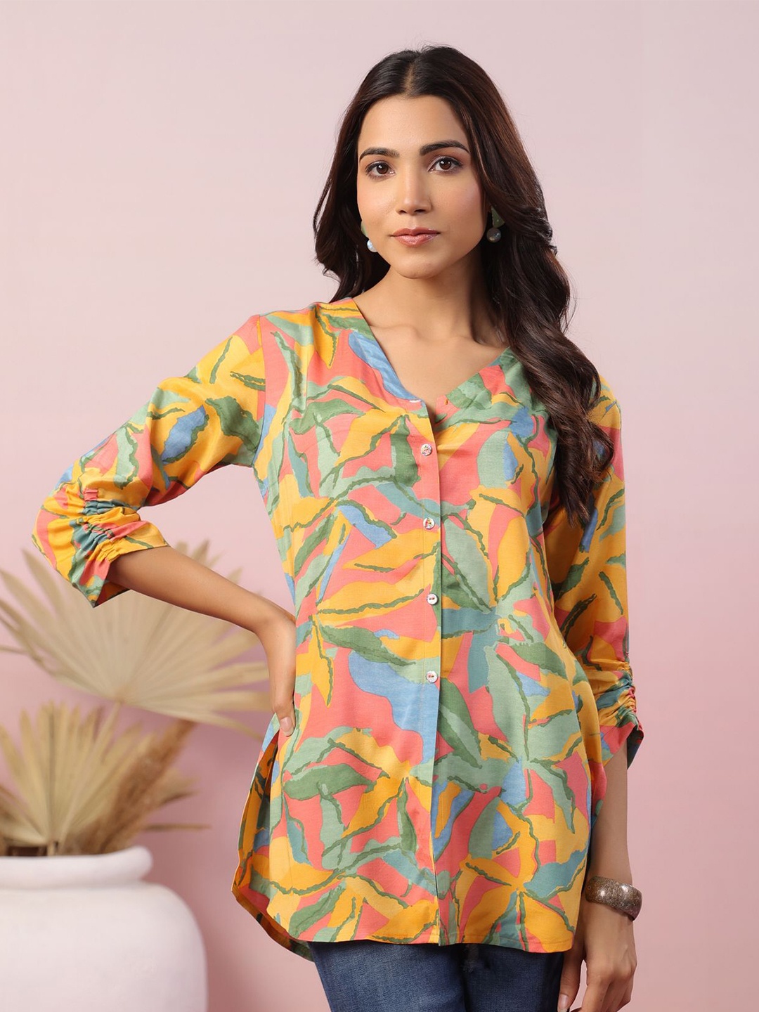 

JISORA Floral Print Mandarin Collar Pure Silk Shirt Style Top, Multi
