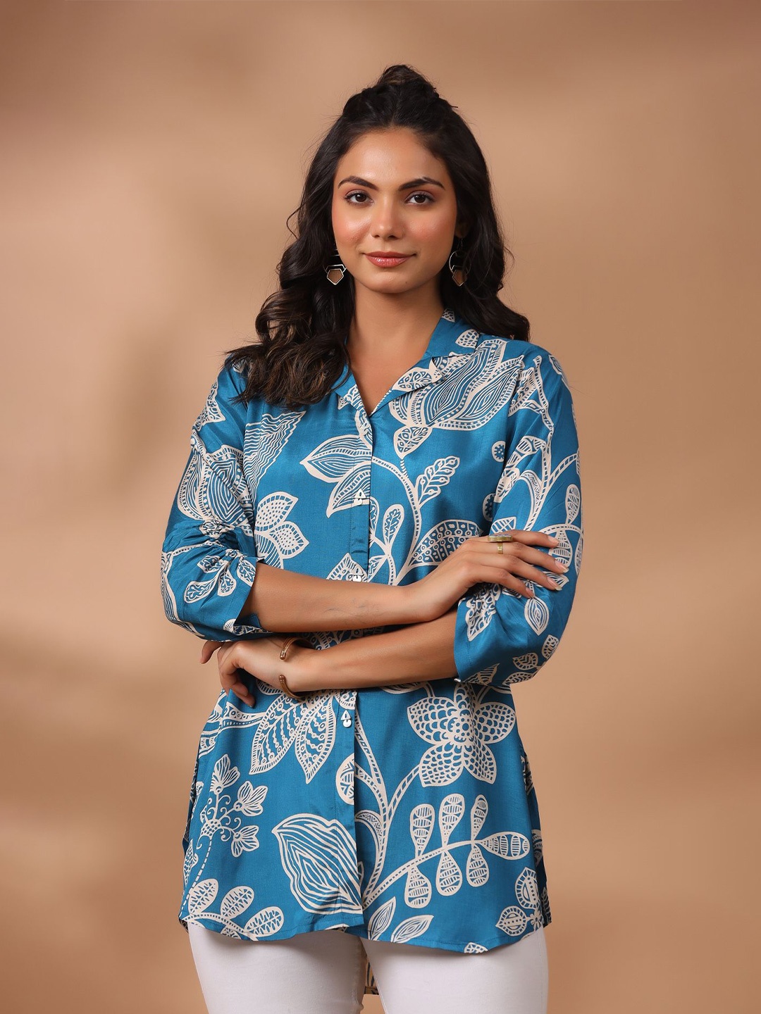 

JISORA Floral Print Pure Silk Shirt Style Top, Blue
