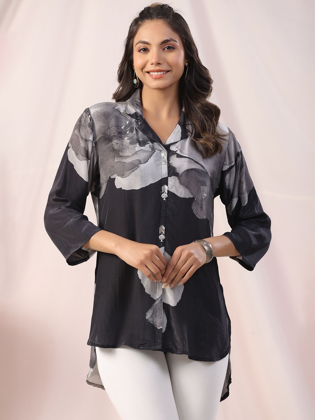 JISORA Tie and Dye Print Tie-Up Neck Pure Silk High-Low Top, Black