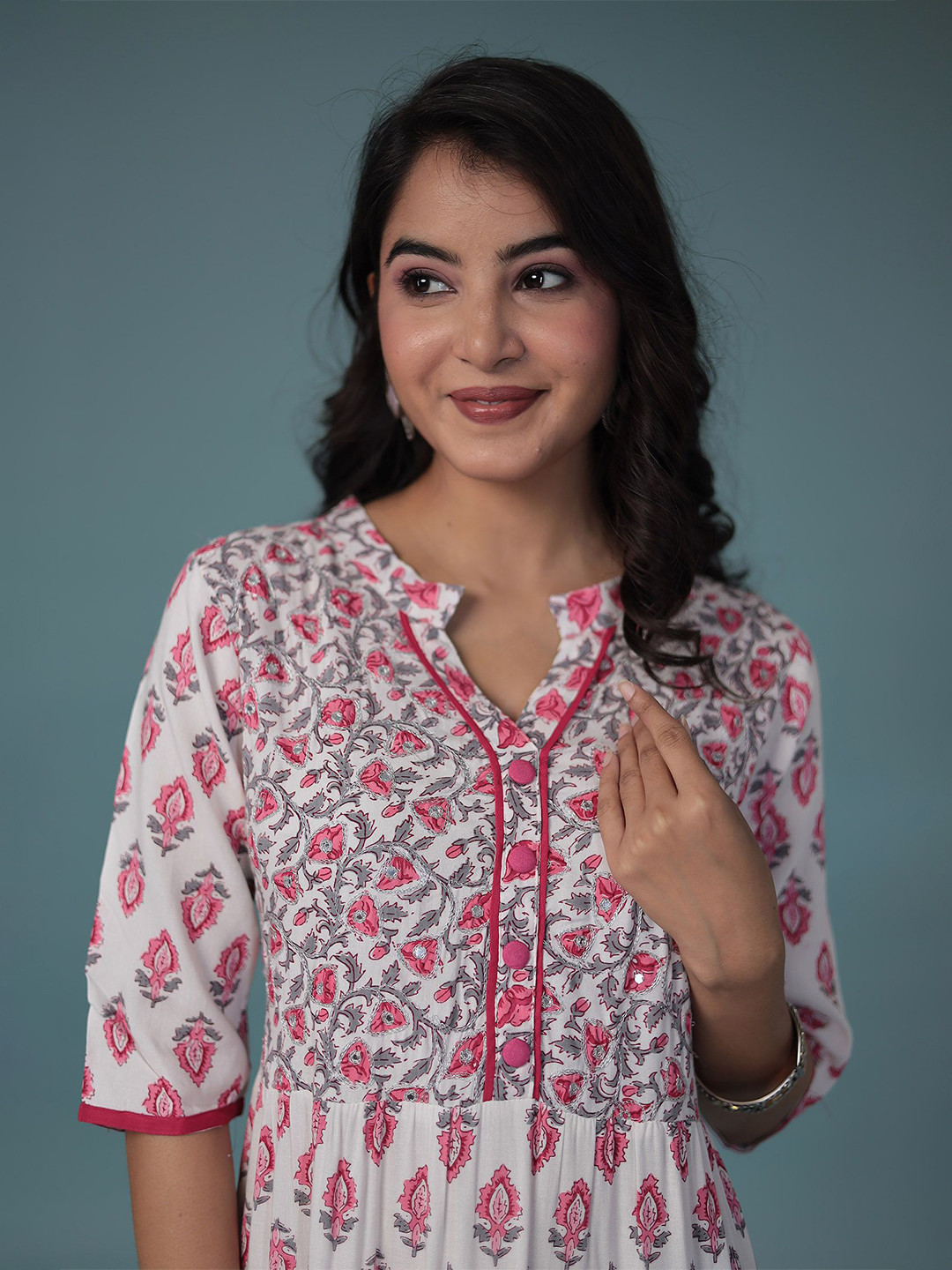 

ZARI Floral Print Puff Sleeve A-Line Dress, Pink