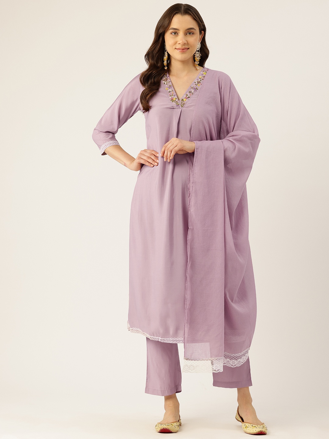 

MISRI Pleated Beads & Stones Kurta with Trousers & With Dupatta, Pink