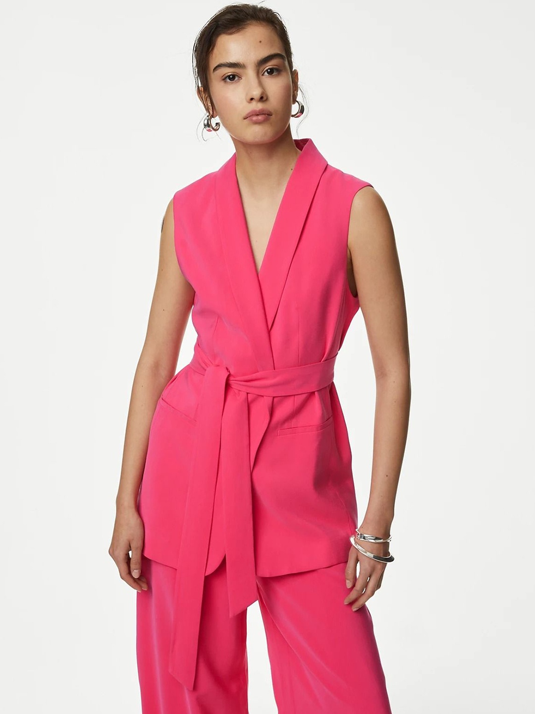 

Marks & Spencer V-Neck Woven Design Belted Longline Waistcoat, Pink