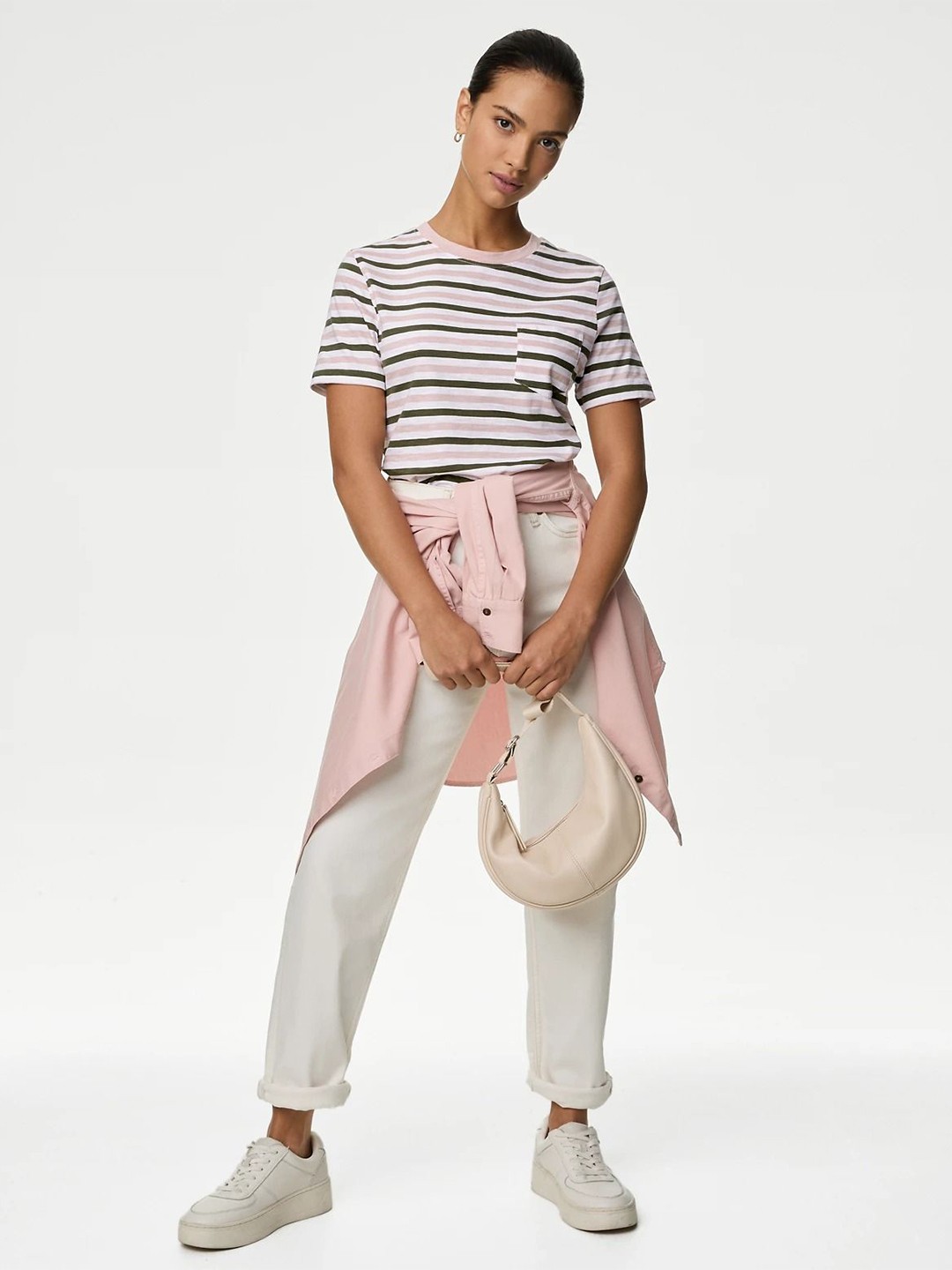 

Marks & Spencer Women Striped Pockets T-shirt, Pink