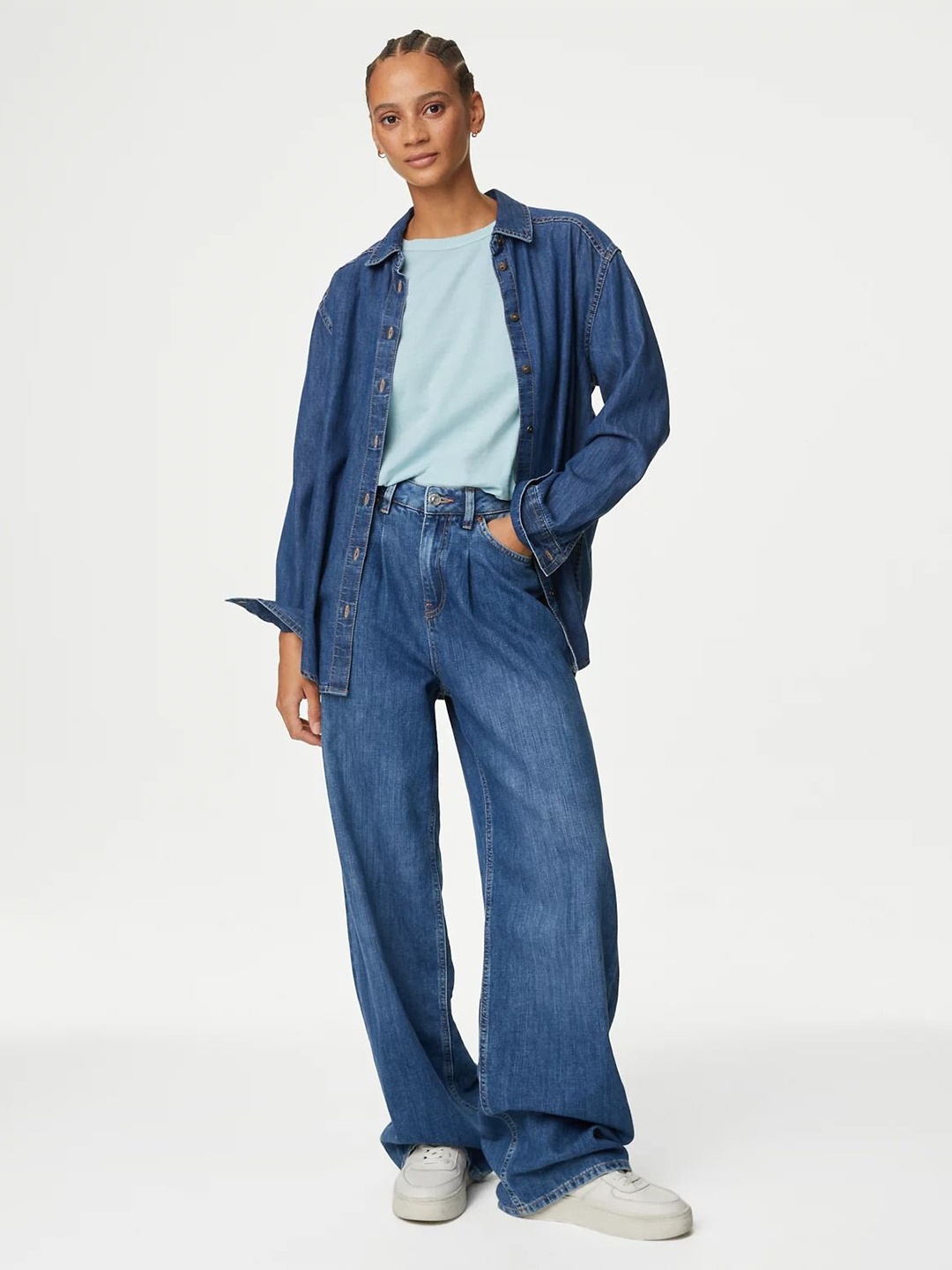 

Marks & Spencer Women V-Neck Extended Sleeves Pockets T-shirt, Blue