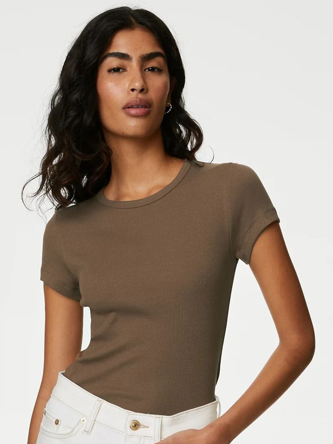 

Marks & Spencer Women V-Neck Extended Sleeves Pockets T-shirt, Brown