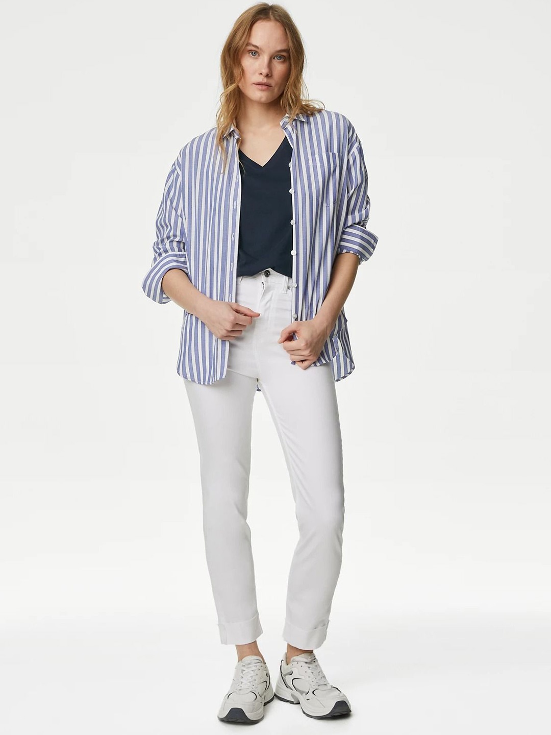 

Marks & Spencer Women Striped Hooded Pockets T-shirt, Navy blue