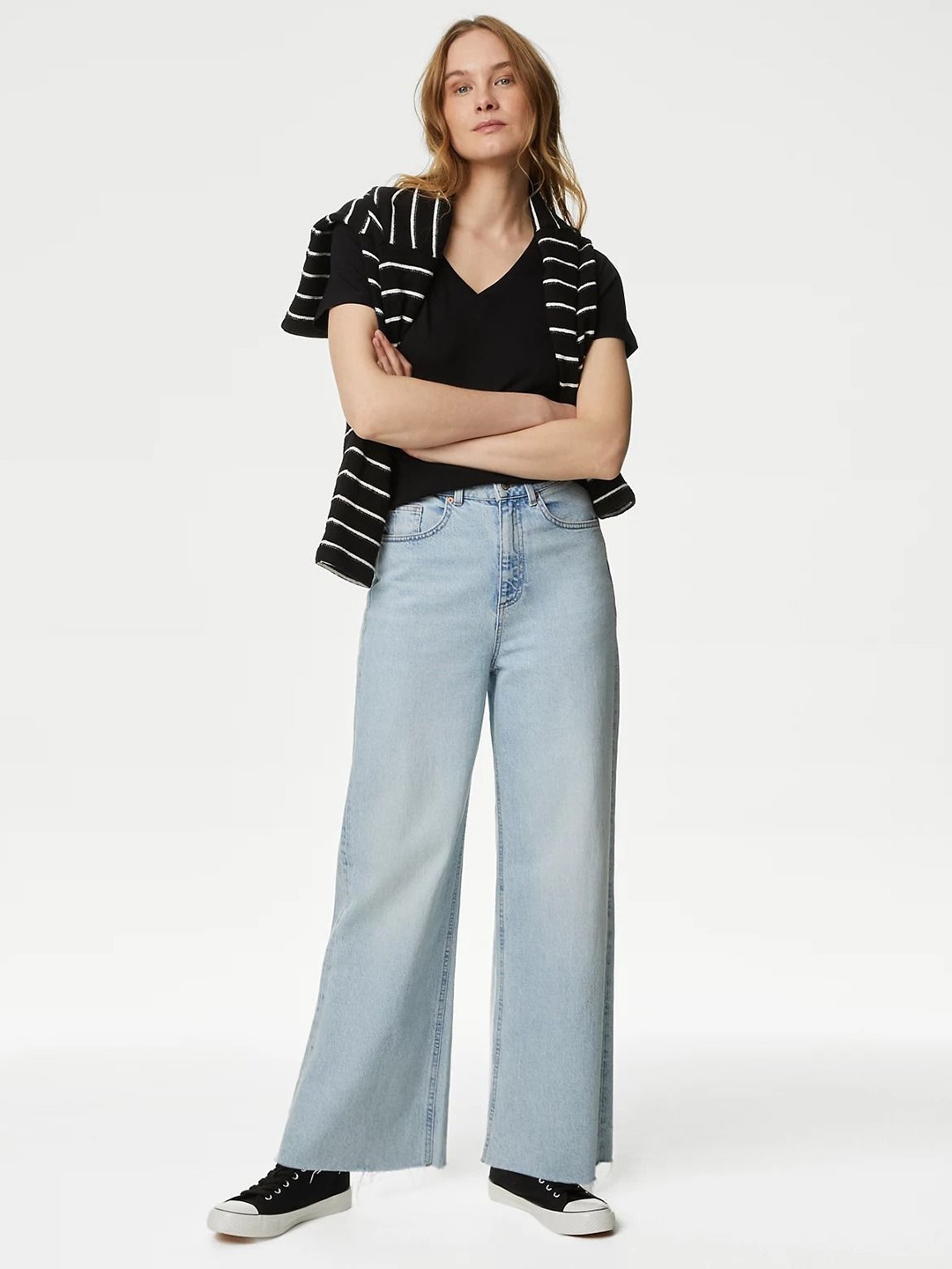 

Marks & Spencer Women Striped V-Neck Monochrome Pockets T-shirt, Black
