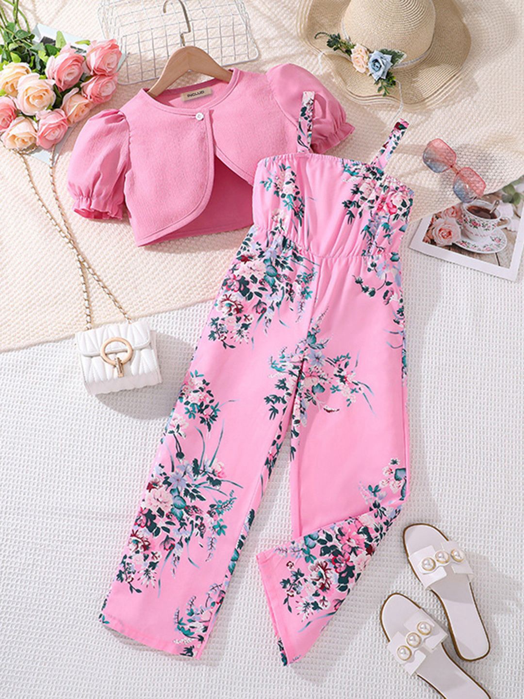 

INCLUD Girls Printed Basic Jumpsuit, Pink