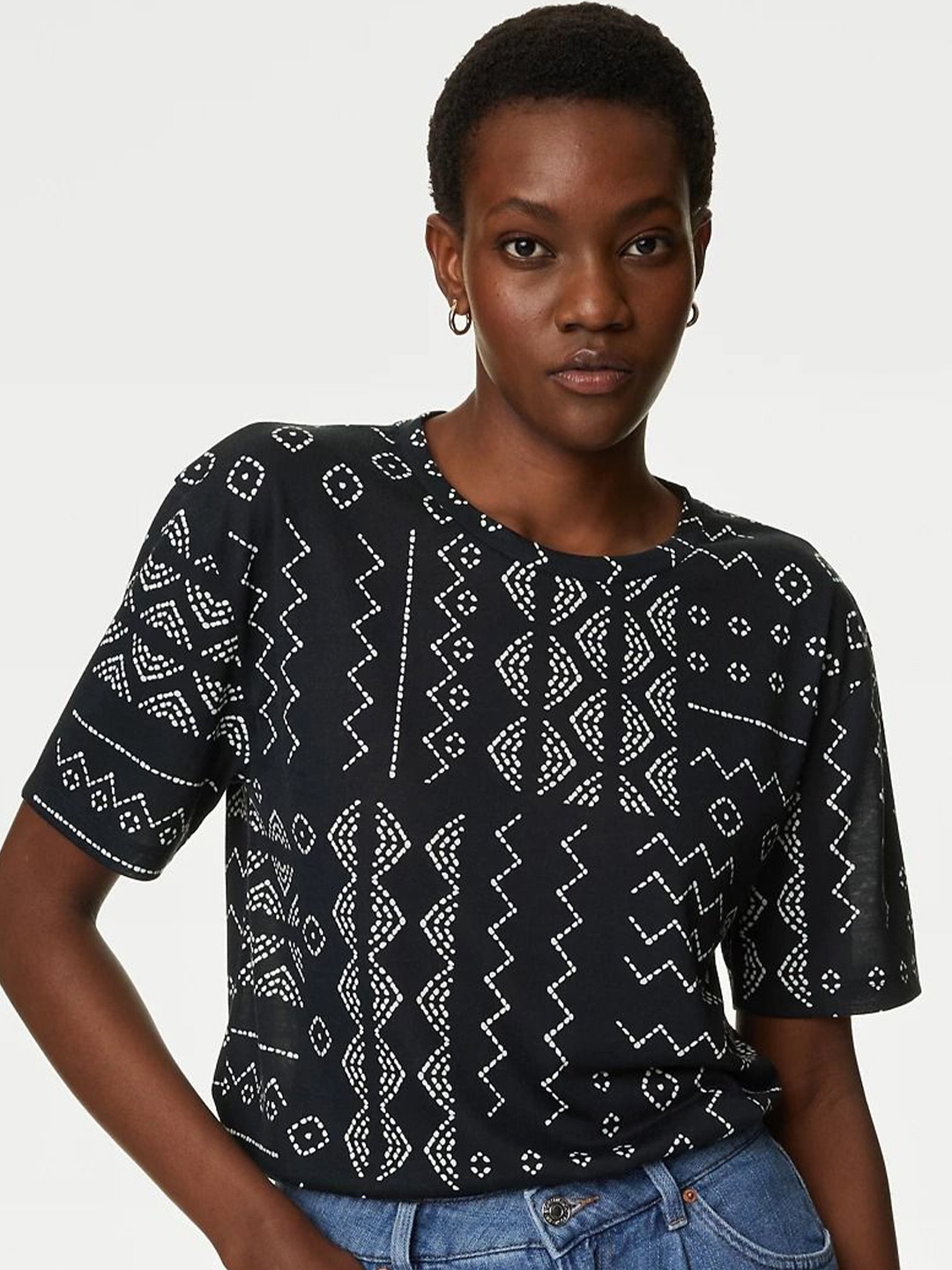 

Marks & Spencer Women Typography Printed Henley Neck Monochrome Raw Edge T-shirt, Navy blue