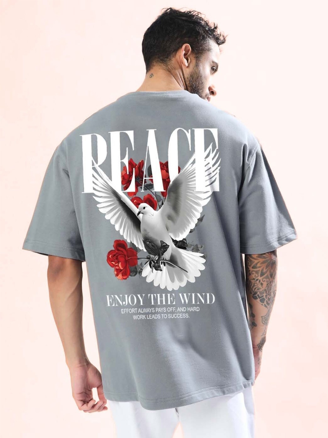 

WEARDUDS Men Printed Drop-Shoulder Sleeves Raw Edge T-shirt, Grey