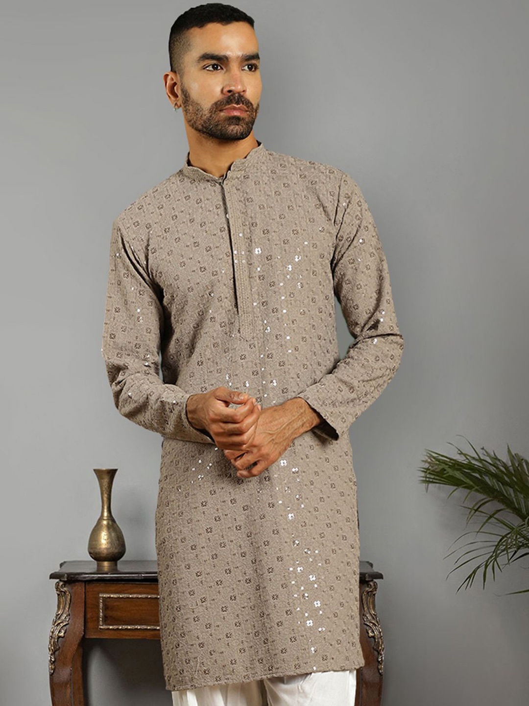 Jompers Men Thread Work Kurta, Grey