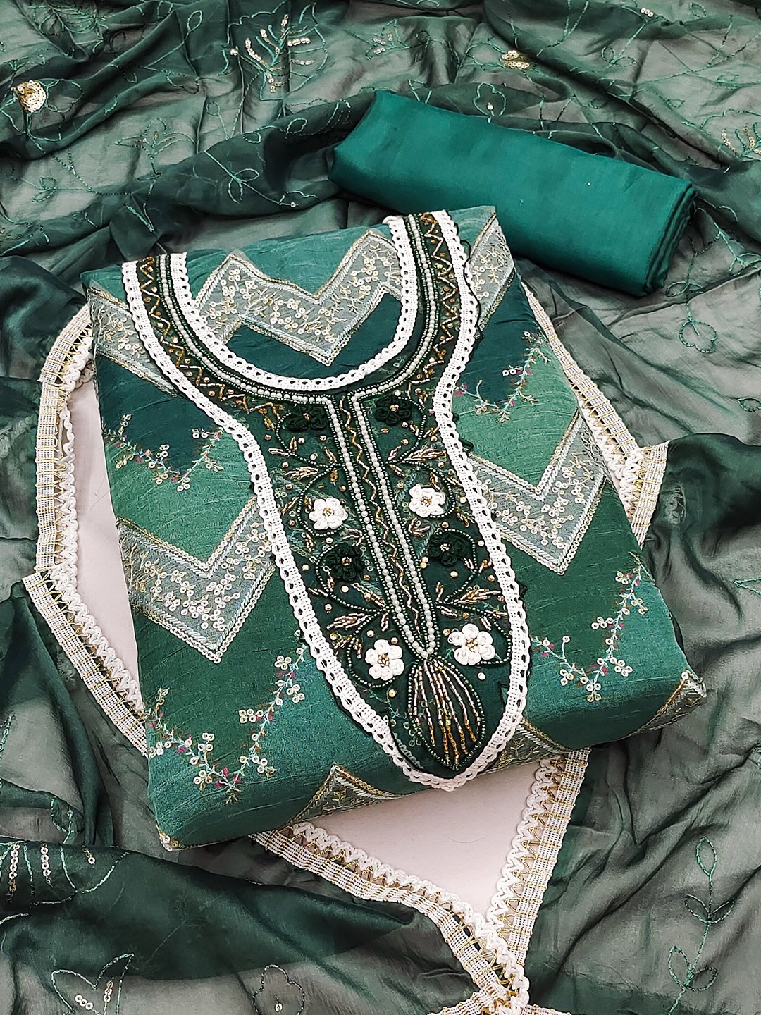 

KIMISHA Embellished Organza Unstitched Dress Material, Green
