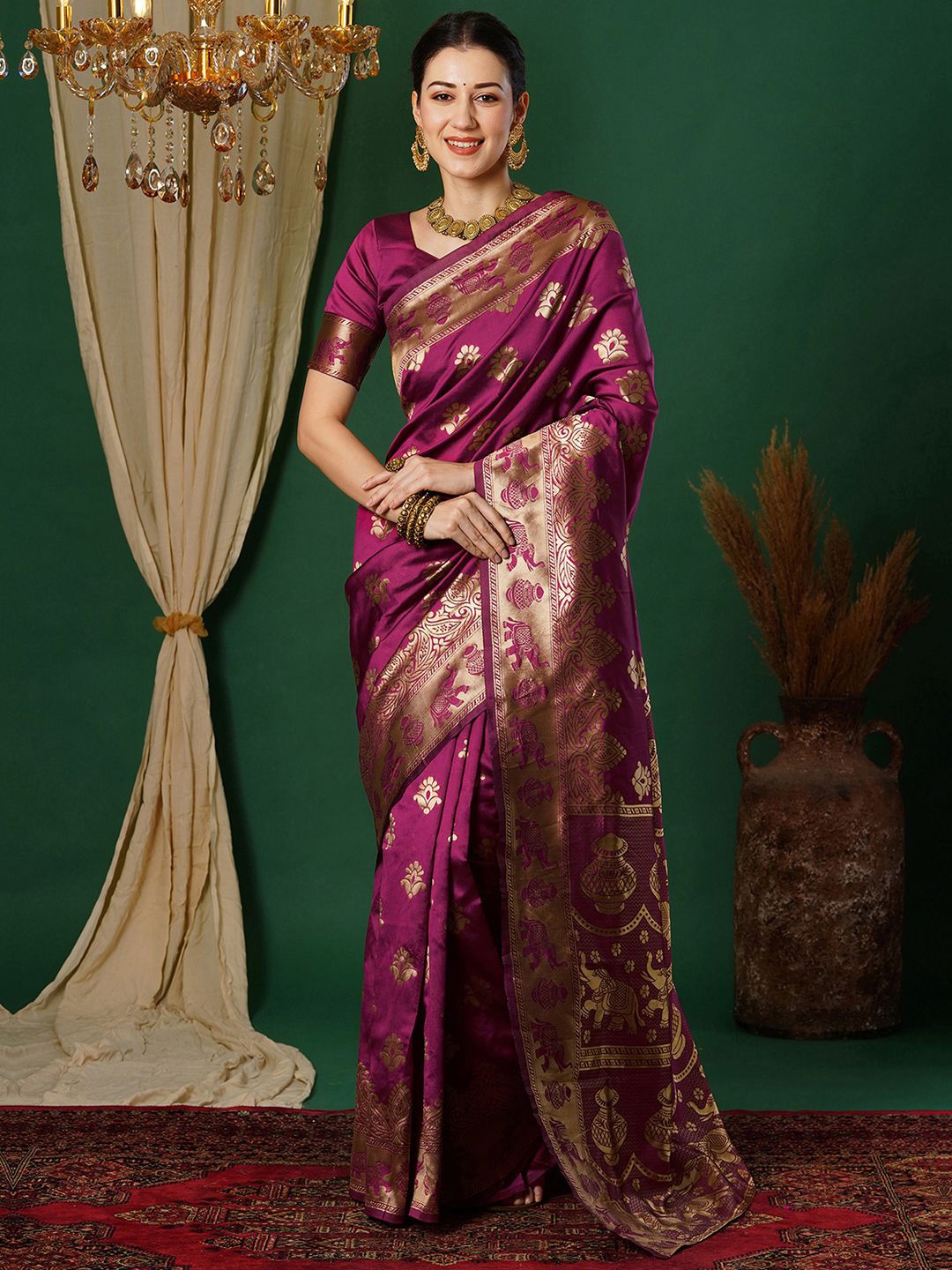 

KALINI Woven Design Zari Art Silk Banarasi Saree, Pink
