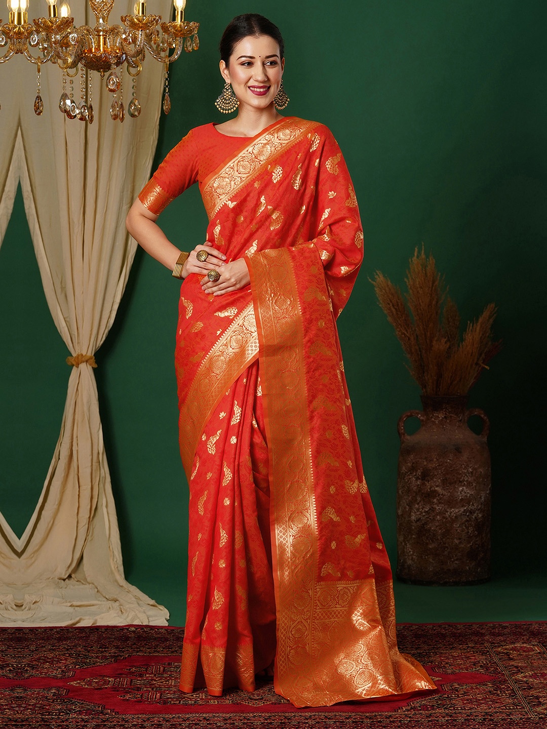 

KALINI Woven Design Zari Silk Blend Banarasi Saree, Red