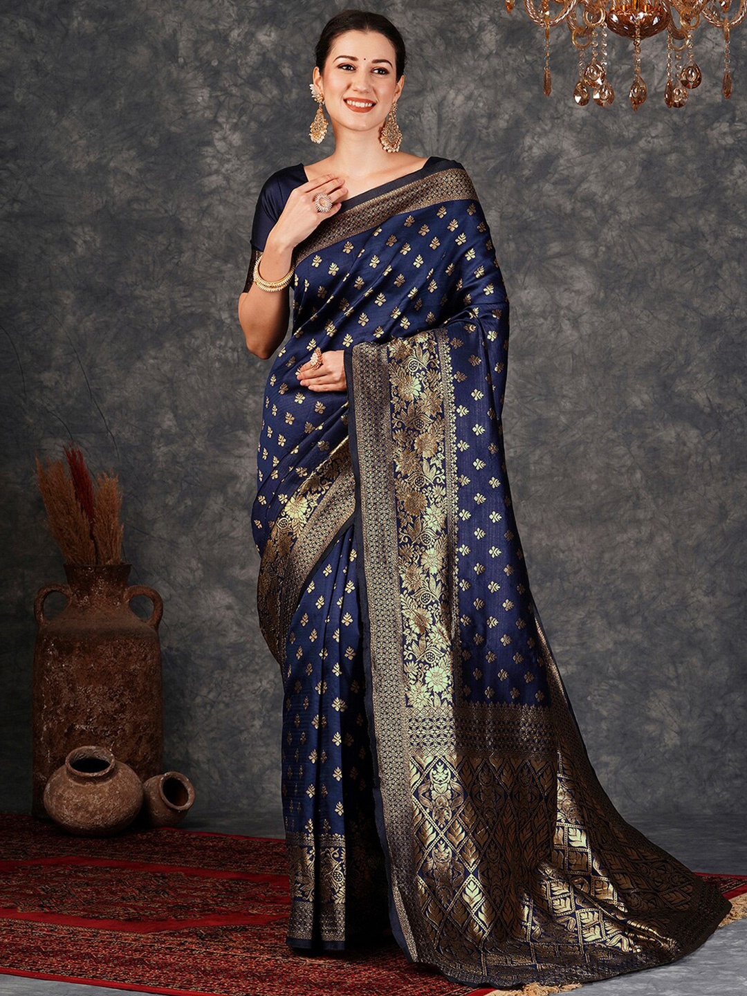 

KALINI Woven Design Zari Art Silk Banarasi Saree, Navy blue