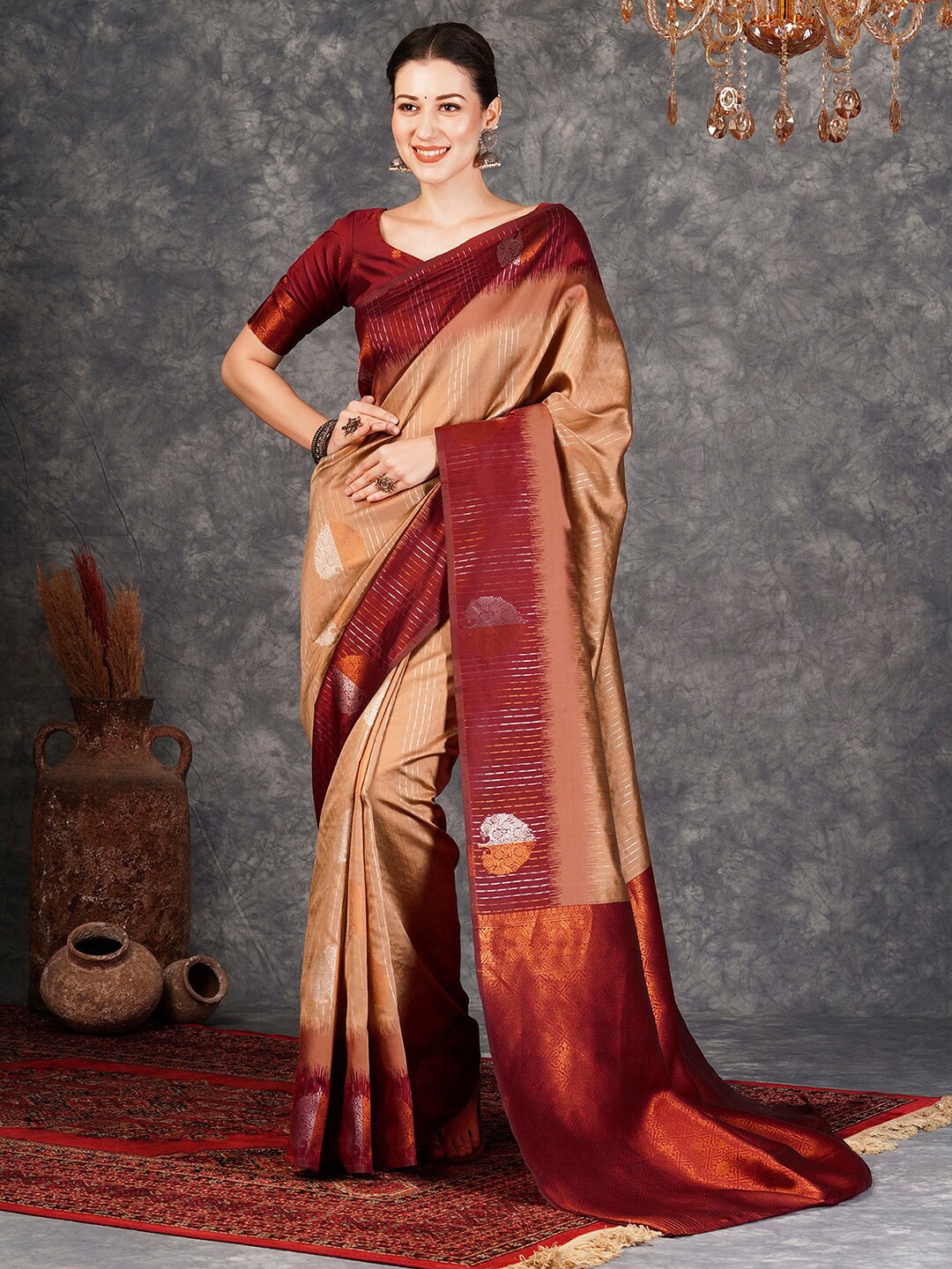 

KALINI Woven Design Zari Silk Blend Banarasi Saree, Brown