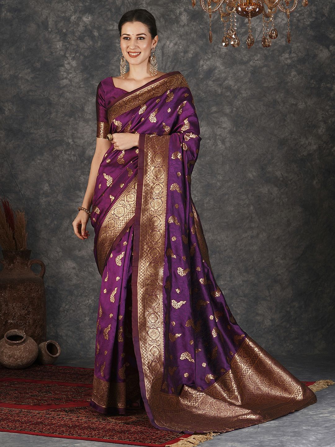 

KALINI Woven Design Zari Silk Blend Banarasi Saree, Purple