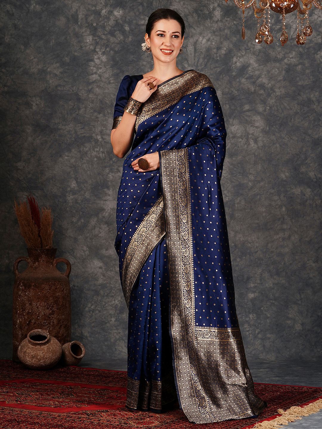 

KALINI Woven Design Zari Art Silk Banarasi Saree, Navy blue