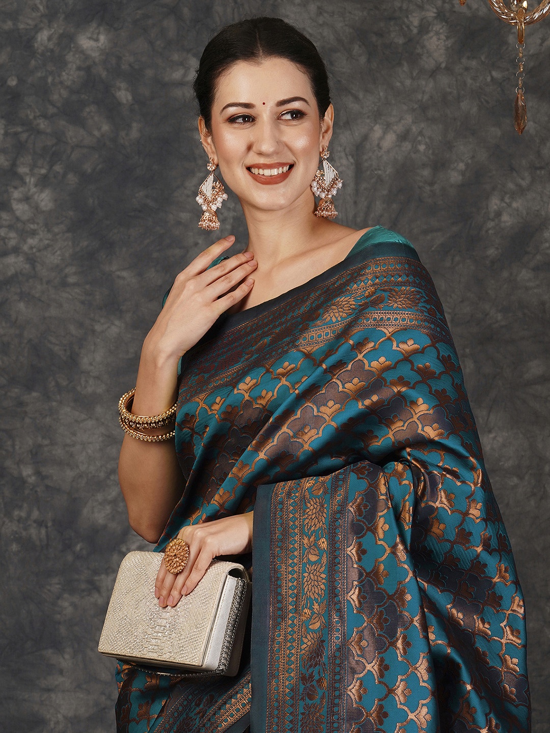 

KALINI Woven Design Zari Silk Blend Banarasi Saree, Teal