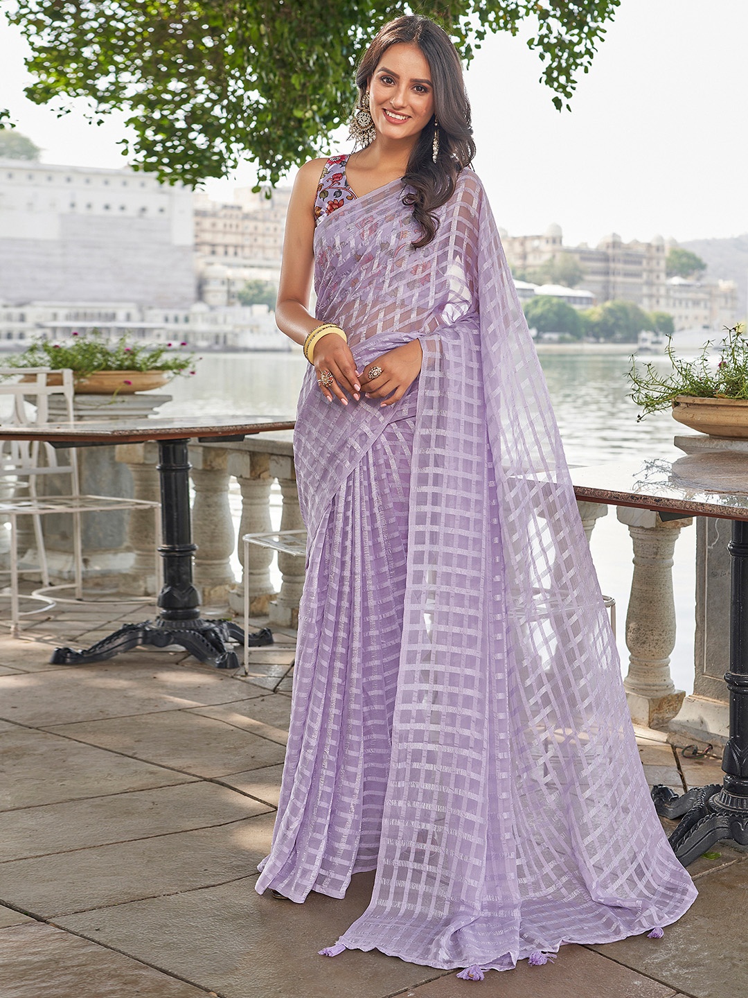 

KALINI Checked Pure Chiffon Saree, Lavender