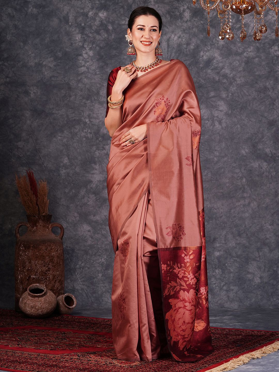 

KALINI Floral Zari Silk Blend Banarasi Saree, Brown