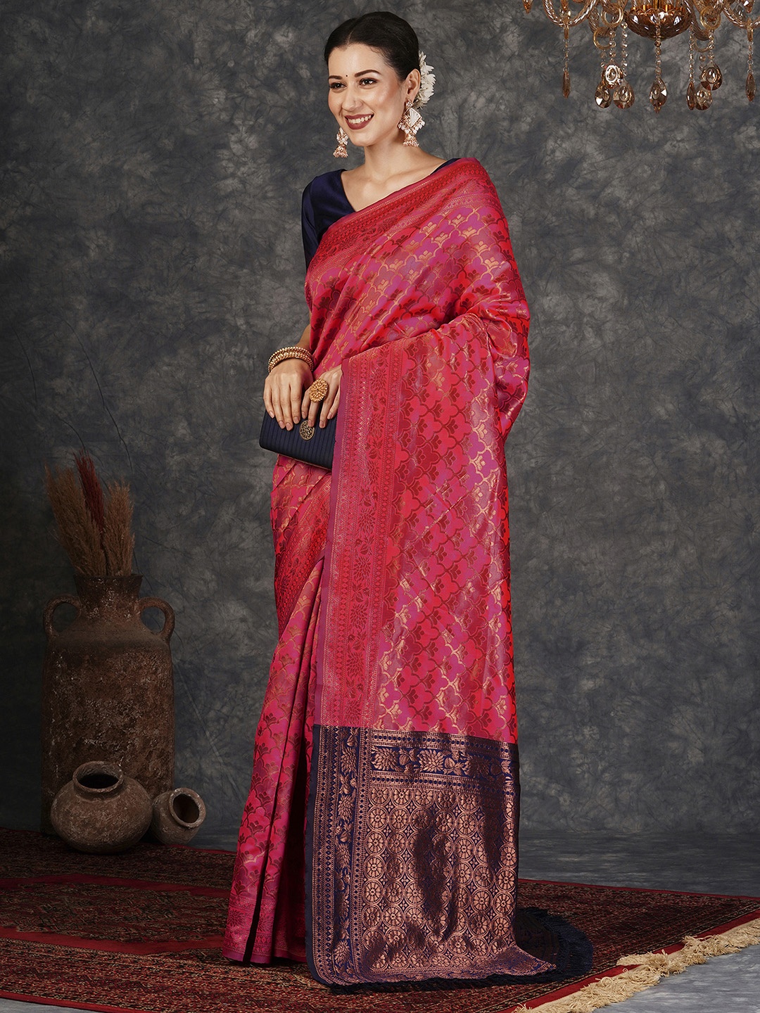 

KALINI Woven Design Zari Silk Blend Banarasi Saree, Pink