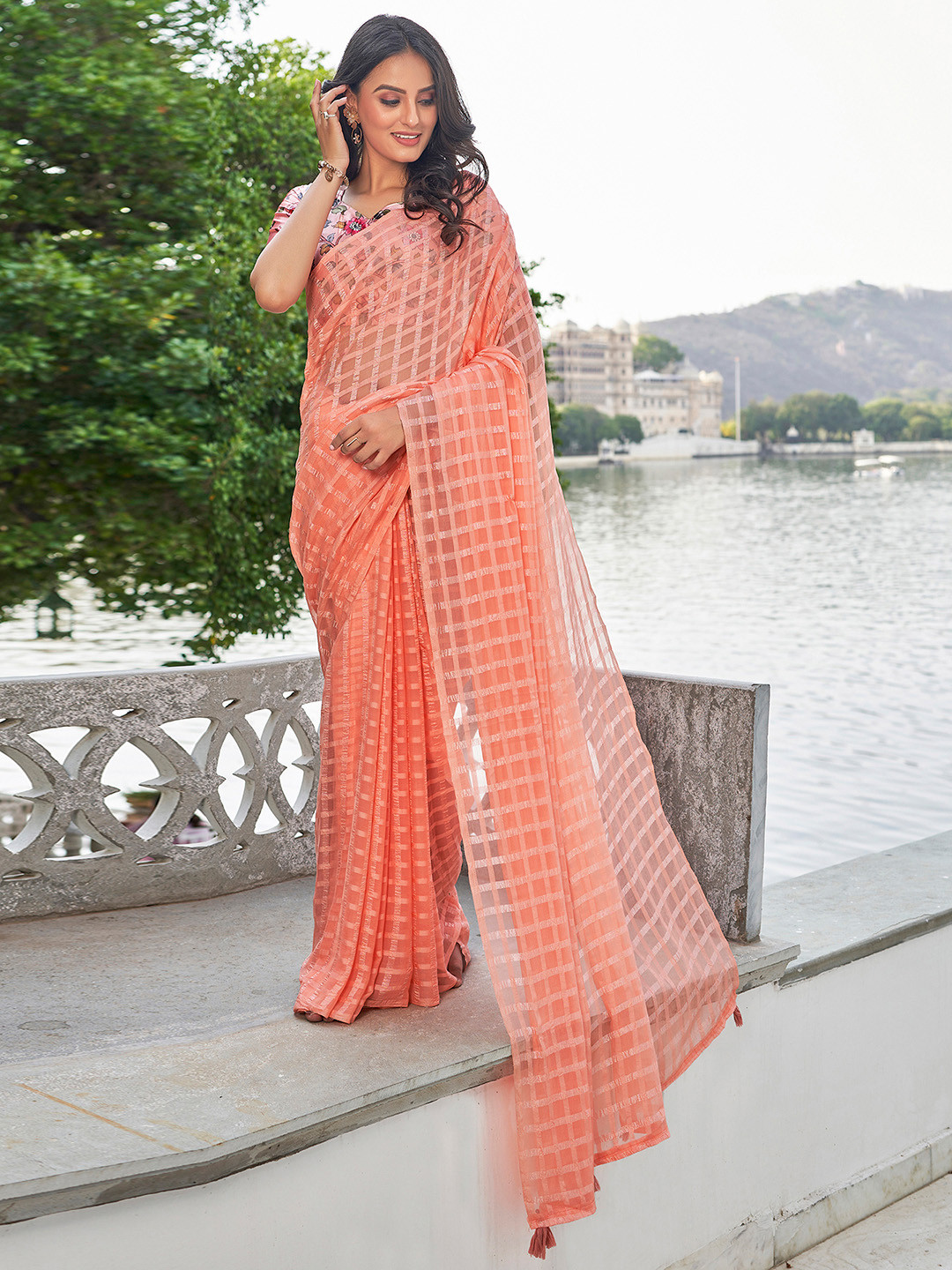 

KALINI Checked Pure Chiffon Saree, Peach
