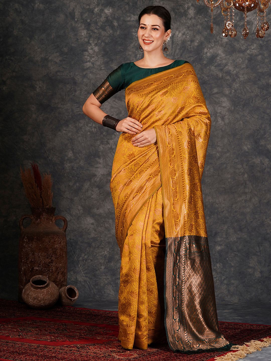 

KALINI Floral Zari Silk Blend Banarasi Saree, Yellow