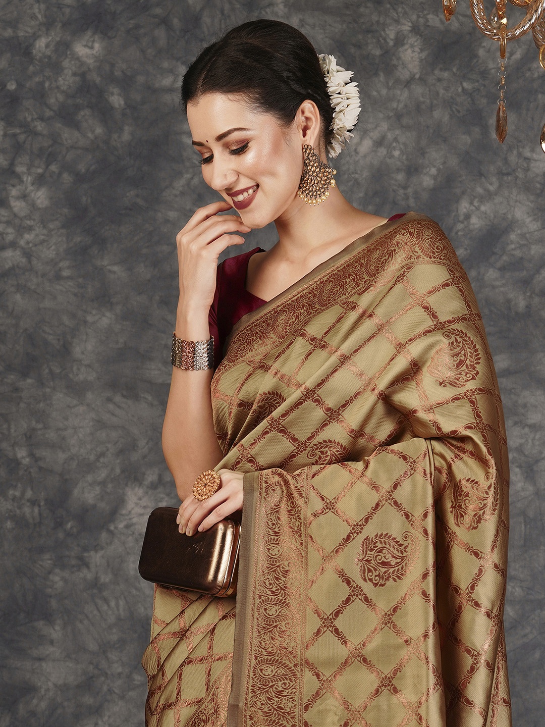 

KALINI Woven Design Zari Silk Blend Banarasi Saree, Khaki