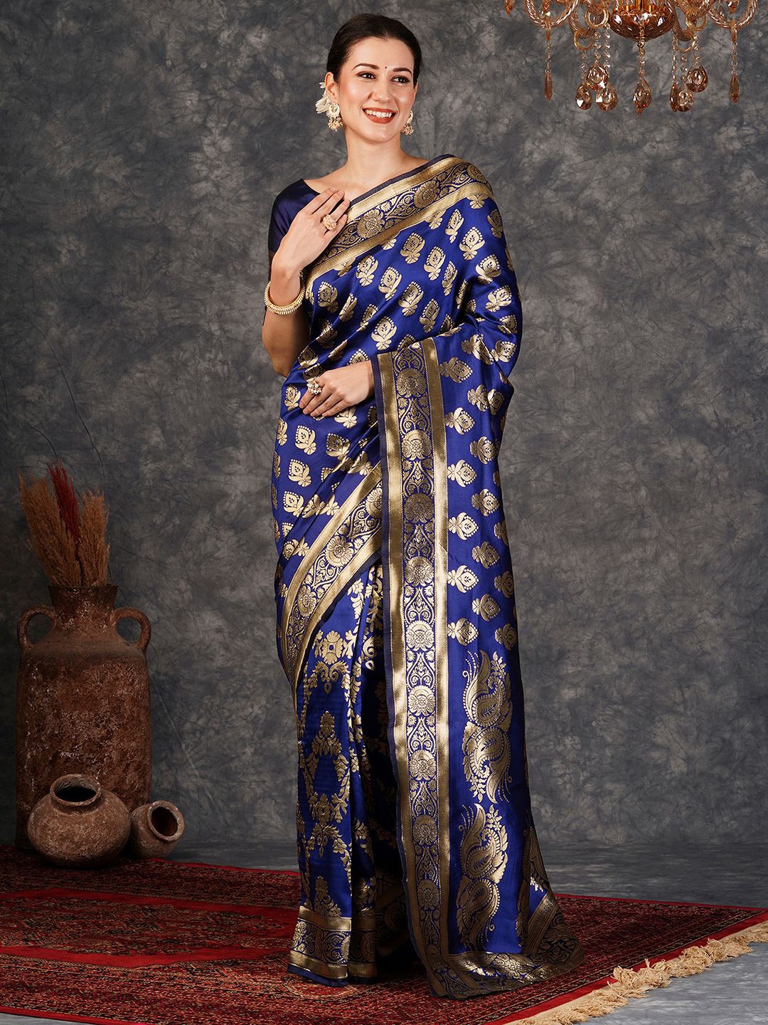 

KALINI Woven Design Zari Banarasi Saree, Navy blue