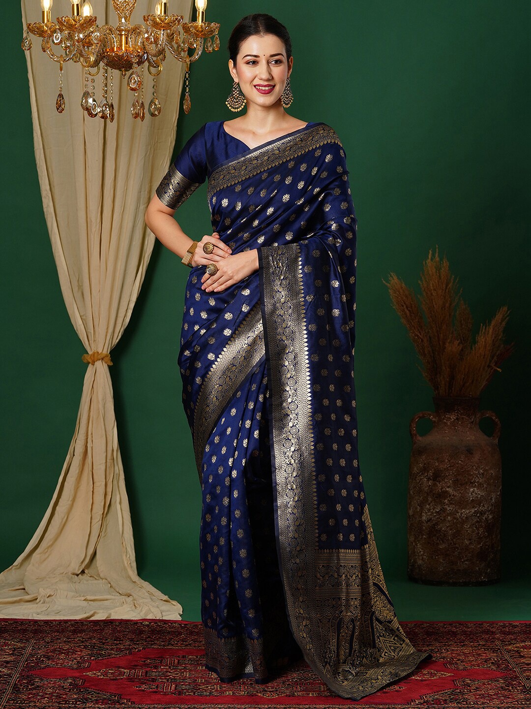 

KALINI Woven Design Zari Banarasi Saree, Navy blue