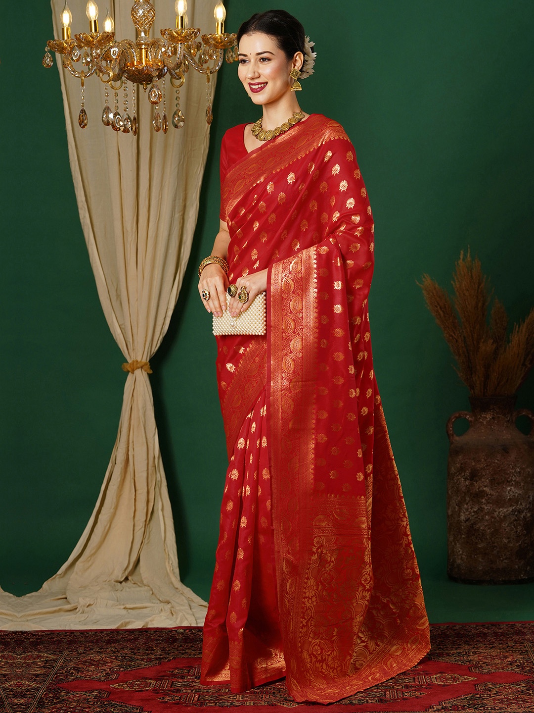 

KALINI Woven Design Zari Banarasi Saree, Red