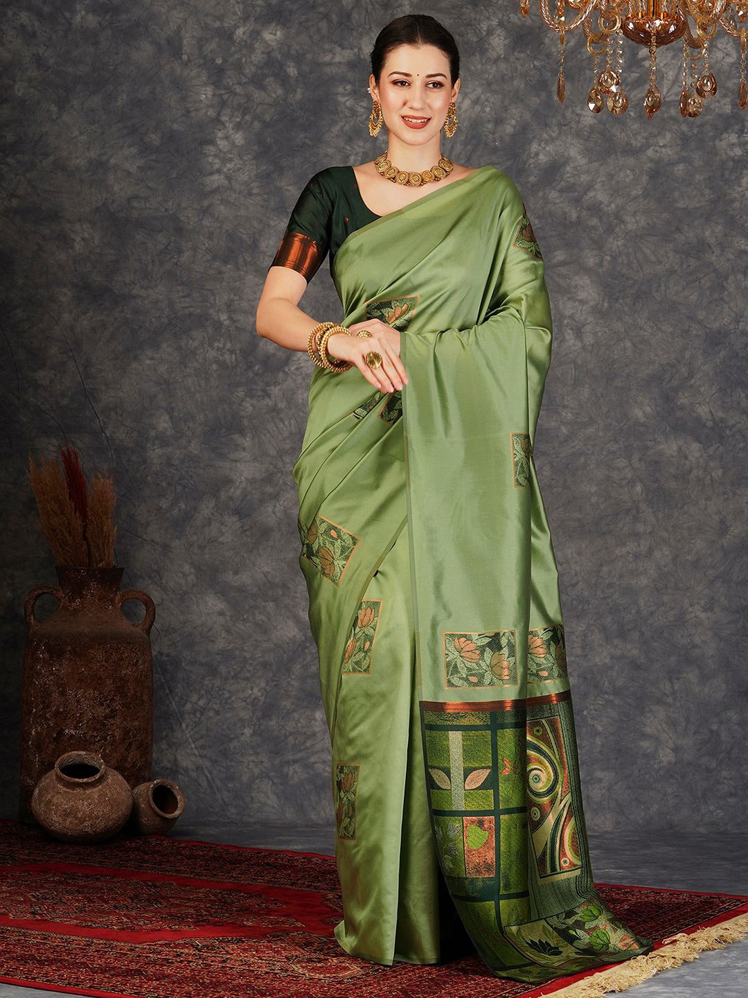 

KALINI Woven Design Banarasi Saree, Lime green