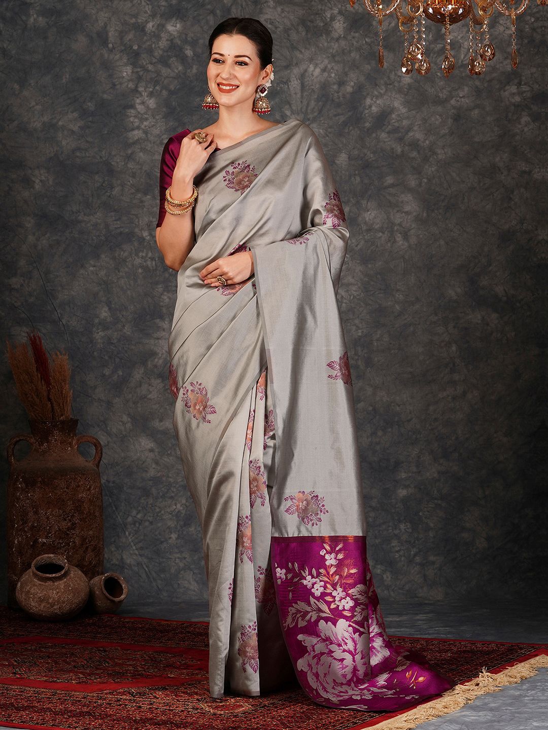 

KALINI Woven Design Zari Banarasi Saree, Grey