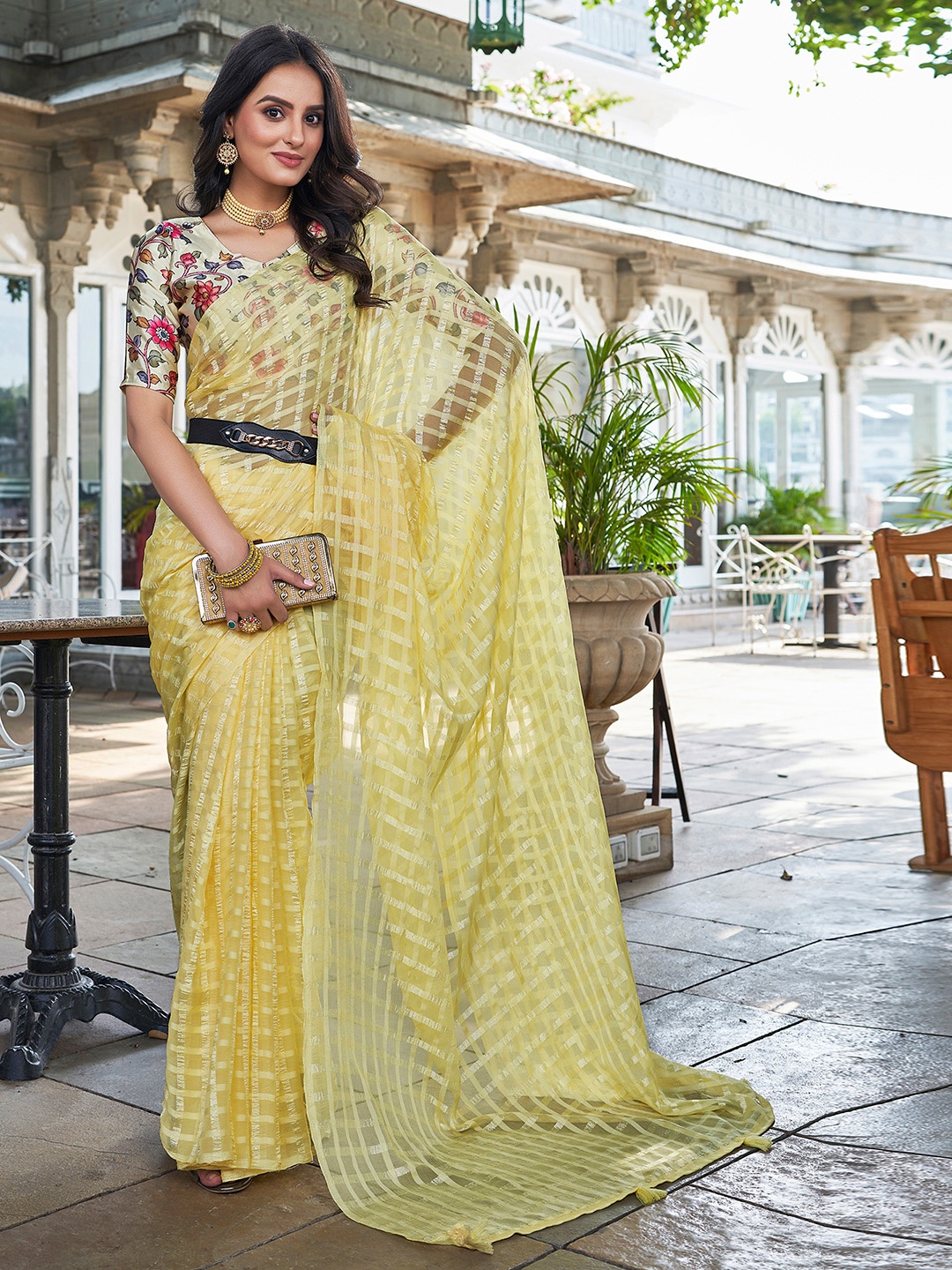 

KALINI Checked Pure Chiffon Designer Saree, Yellow