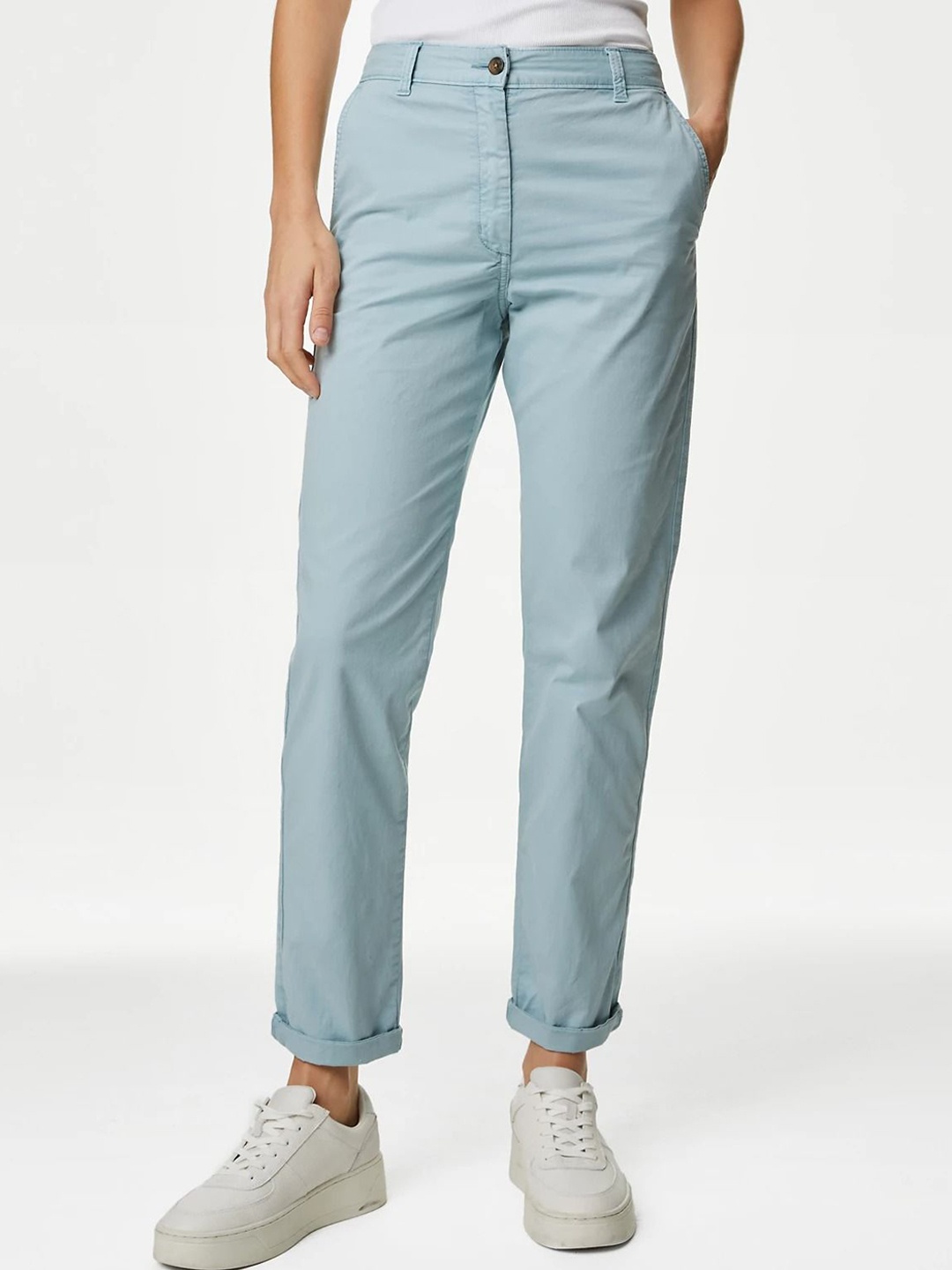 Marks & Spencer Women Slim Fit High-Rise Chinos Trousers, Blue