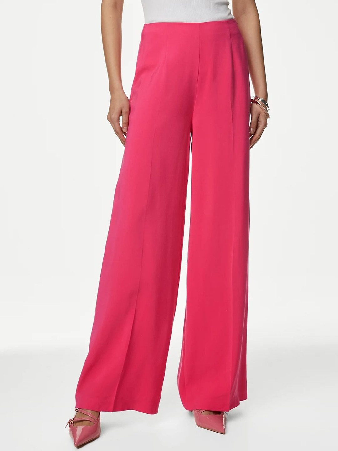 

Marks & Spencer Women Flared High-Rise Trousers, Pink