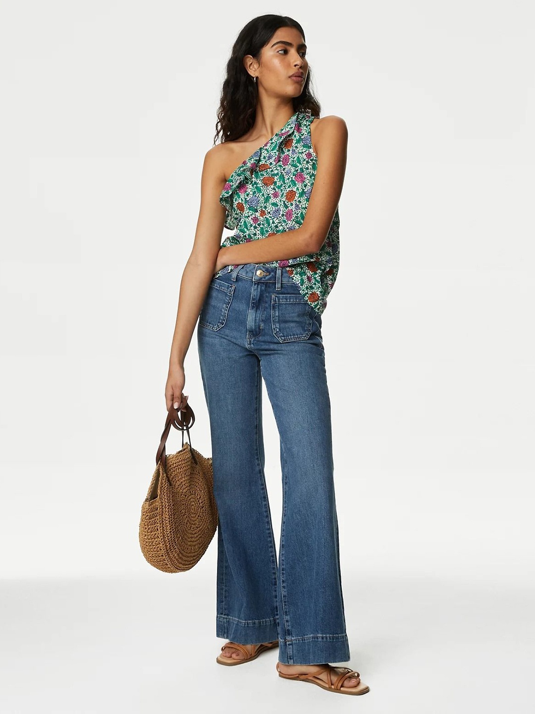 Marks & Spencer Floral Print One Shoulder Cotton Crop Top, Green