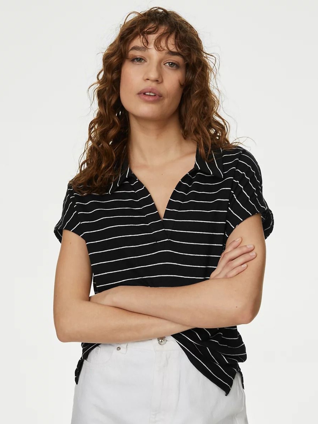 

Marks & Spencer Striped Extended Sleeves Shirt Style Top, Black