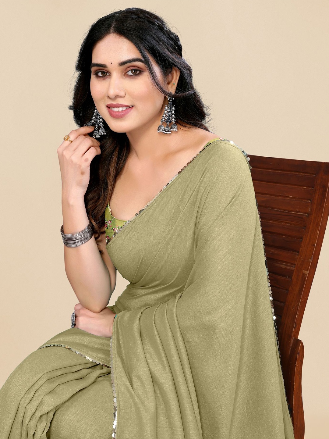 

KALINI Sequinned Silk Blend Saree, Olive
