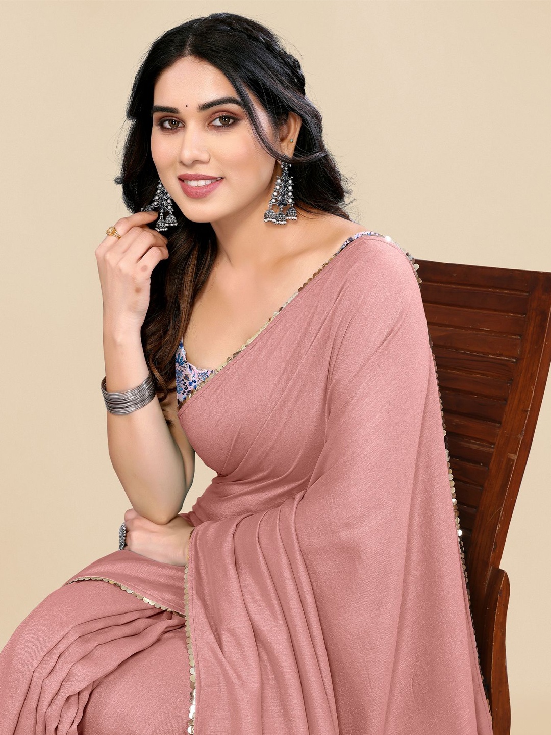 

KALINI Sequinned Saree, Peach