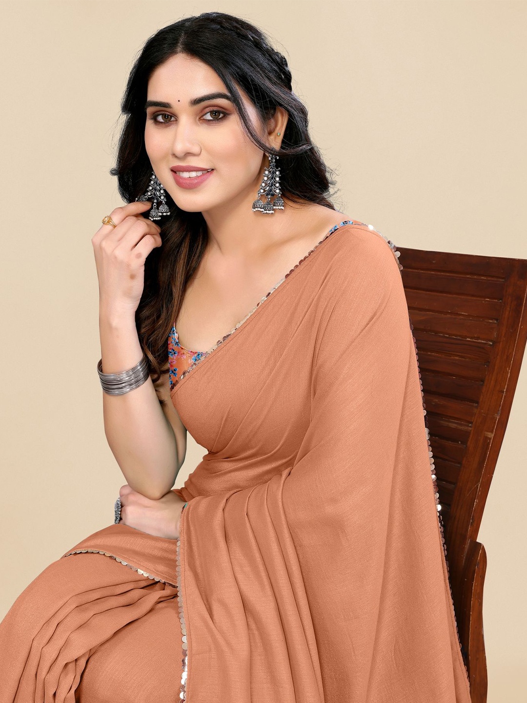 

KALINI Sequinned Saree, Orange