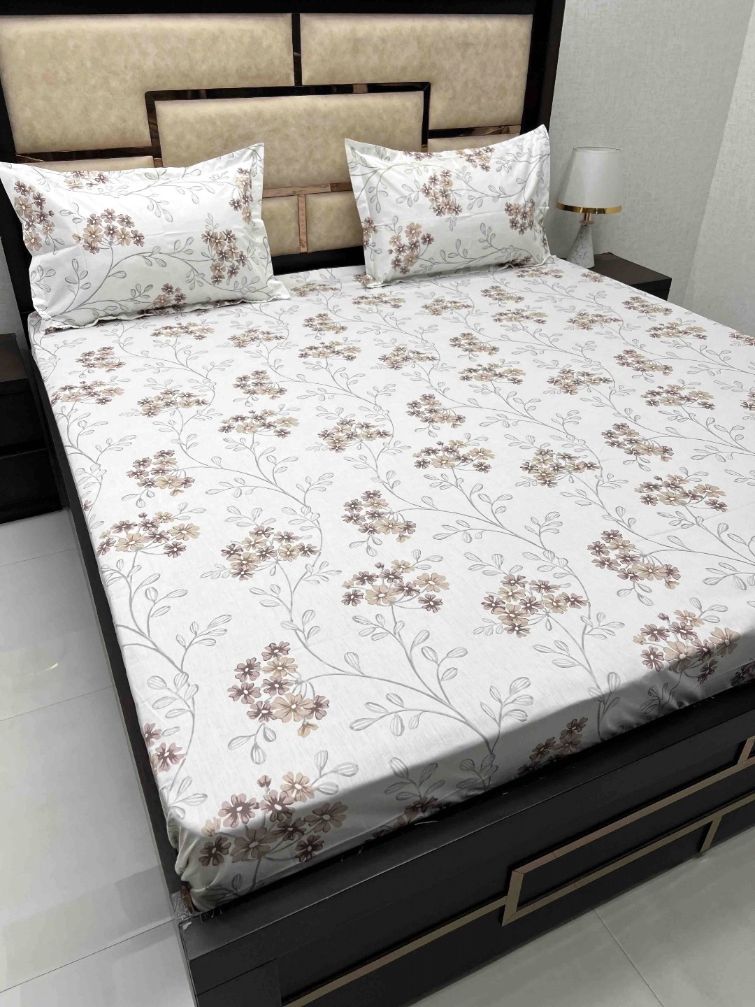 

Pure Decor White & Brown Floral 350 TC King Bedsheet with 2 Pillow Covers