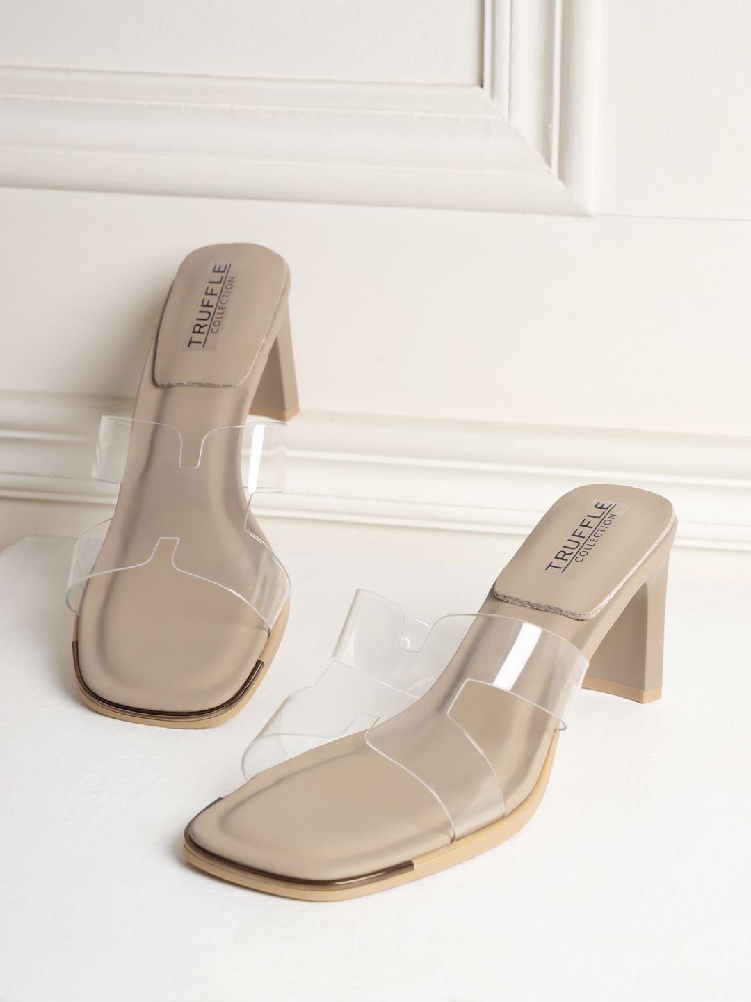 Truffle Collection Embellished PU Block Mules, Khaki