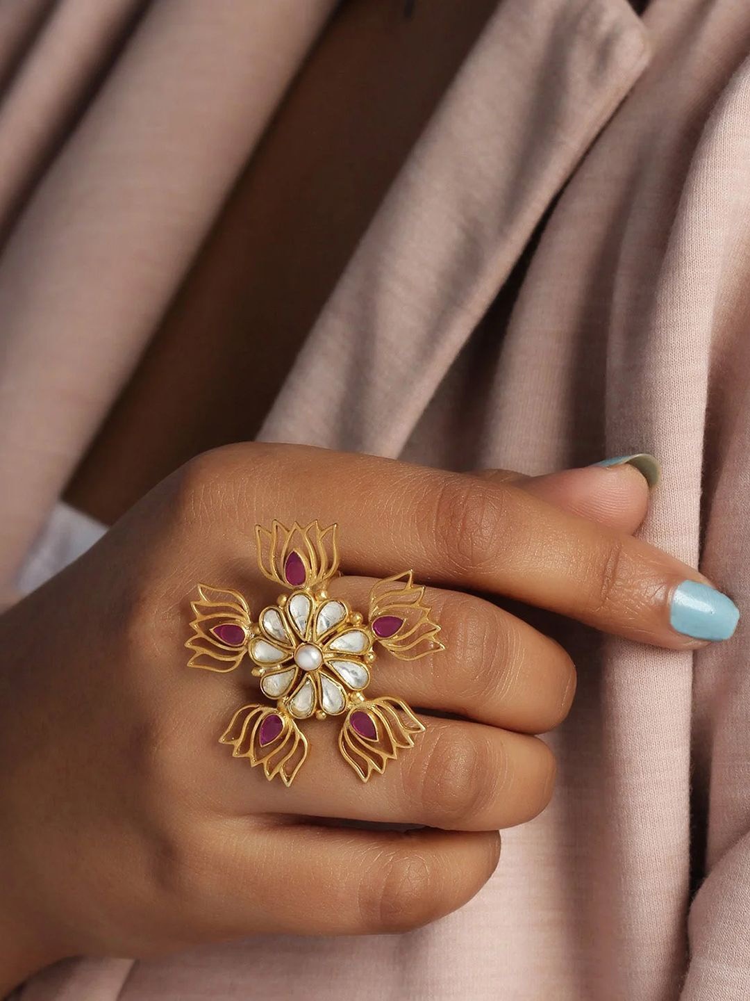 

Unniyarcha Gold-Plated Stone-Studded Finger Ring